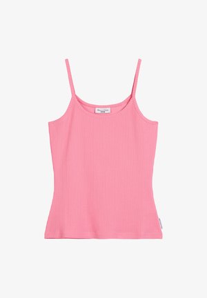 Pink ribbed tank top with thin straps, fitted design, soft texture, and a label on the side. Suitable for casual wear.