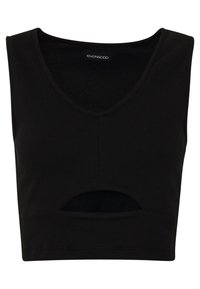 Top court noir en tissu côtelé avec un décolleté en V et un détail découpé à l'avant. Design minimaliste et coupe ajustée.