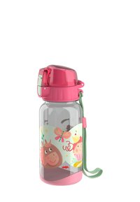 Plastic water bottle with a transparent body, pink lid and base. Features playful animal illustrations and a green strap for carrying.