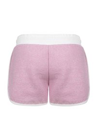 Shorts rayés roses et blancs avec une taille élastique blanche. Présente des poches latérales et un tissu lisse.