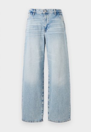 Lys blå denim brede ben bukser med høy midje, subtilt slitteeffekt, usymmetrisk kant og klassisk fem-lomme design.