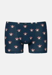 Shorts en boxeur bleu marine avec un motif de poules en dessin animé portant des gants de boxe rouges, réparties uniformément sur le tissu.