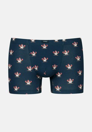 Marineblaue Boxershorts mit einem Muster aus Cartoon-Hühnern, die rote Boxhandschuhe tragen, gleichmäßig über den Stoff verteilt.