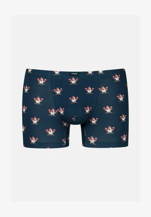 Marineblaue Boxershorts mit einem Muster aus Cartoon-Hühnern, die rote Boxhandschuhe tragen, gleichmäßig über den Stoff verteilt.