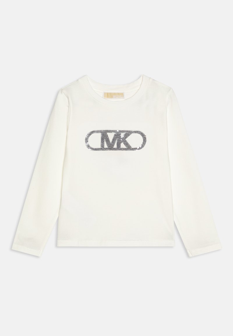 White long-sleeve t-shirt made of soft cotton, featuring a shiny silver rhinestone "MK" logo on the front centered within an oval outline.