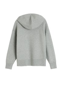 Bluza z kapturem w jasnoszarym kolorze, wykonana z mieszanki bawełny, charakteryzująca się luźnym krojem, ściągaczami na rękawach i u dołu, z minimalistycznymi detalami przeszycia.