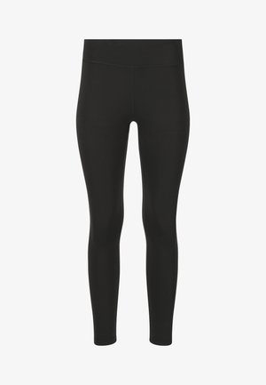 Sorte leggings med høj talje og fuld længde, der har et glat, tætsiddende design uden synlige mønstre eller logoer.