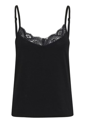 Black camisole with thin adjustable straps and a lace trim at the neckline. Soft fabric, fitted shape, casual design, and solid color.