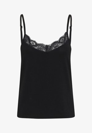 Black camisole with thin adjustable straps and a lace trim at the neckline. Soft fabric, fitted shape, casual design, and solid color.