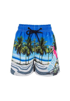 Badetights med en livlig blå baggrund og print af strand og palmetræer, sort snor, og teksten "Board Stupid" i blåt.