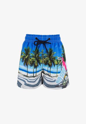 Badetights med en livlig blå baggrund og print af strand og palmetræer, sort snor, og teksten "Board Stupid" i blåt.