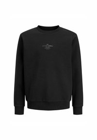 Sudadera negra hecha de tela suave, con un cuello redondo, puños y dobladillo acanalados, y un detalle de texto blanco minimalista en la parte frontal.