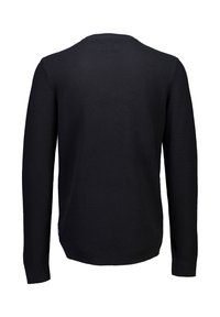 Schwarzer Strickpullover mit einem strukturierten, gewebten Muster, langen Ärmeln und Rundhalsausschnitt. Mit gerippten Bündchen und Saum.