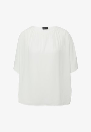 Witte, lichte blouse met korte mouwen en een ronde halslijn. Soepele textuur met een vloeiende val en subtiele geplooide details bij de hals.