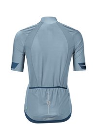 Maillot de cyclisme à manches courtes bleu clair avec un design texturé, des accents bleu foncé contrastants et une poche arrière pour le rangement.