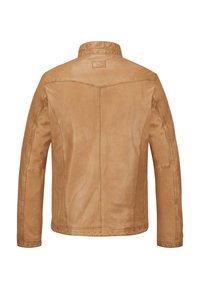 Hellbraune Lederjacke mit Stehkragen, glatter Textur und sichtbaren Nähten. Rückansicht zeigt ein schlichtes, gerades Design.