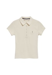 Krämfärgad polo skjorta med krage, korta ärmar, sex knappar framtill och en liten broderad logotyp på vänster bröst. Mjuk tygtextur.