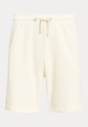 Βερμούδα από βαμβάκι χρώματος κρεμ με ελαστική μέση, κορδόνι και ίσια κοπή. Λεπτή υφή και μήκος μέχρι το γόνατο.