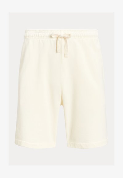 Kremo spalvos medvilniniai šortai su elastine juosta, raišteliu ir tiesiu kirpimu. Lygi tekstūra ir kelių ilgio dizainas.
