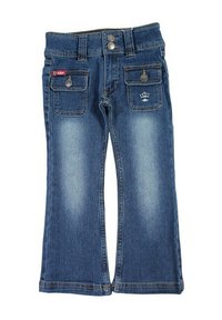 Jean en denim bleu moyen avec un design à jambe évasée, comprenant deux poches avant, des fermetures à boutons, et un logo couronne sur la poche arrière.