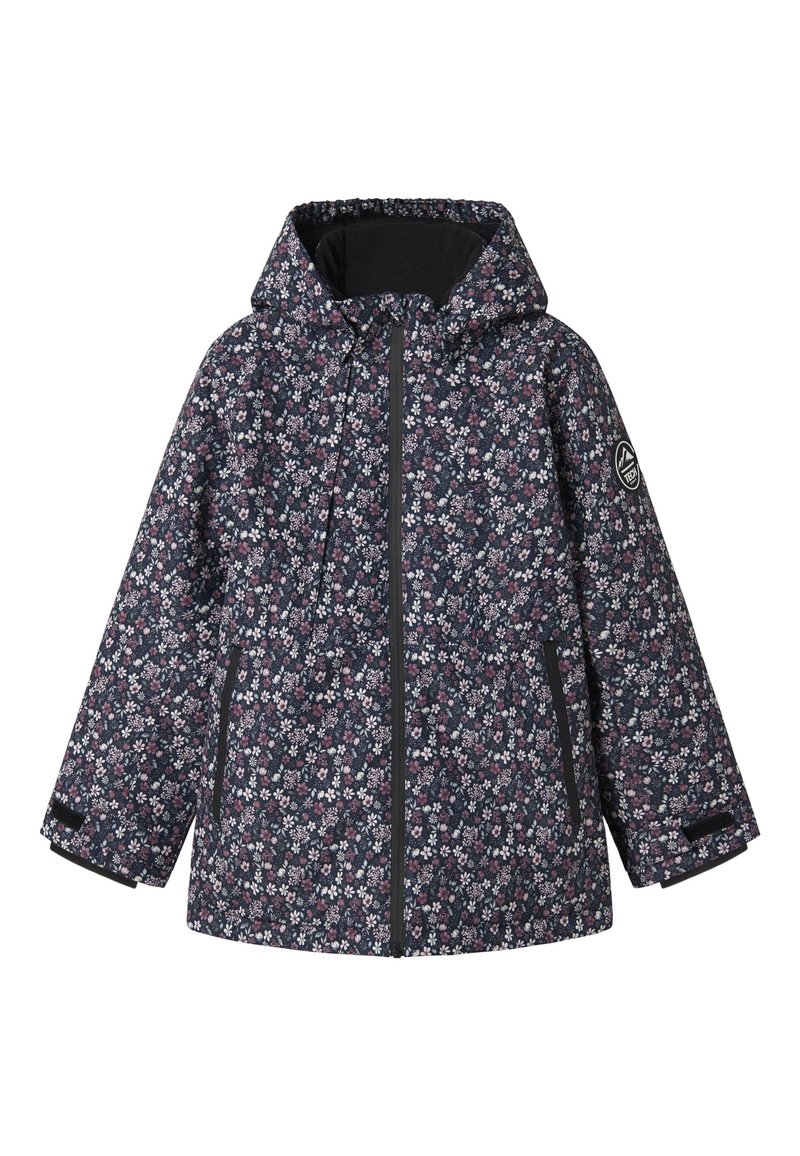 Õhuke veekindel lillemustriga jakk tumesinise taustaga, millel on roosad ja valged lilled, kapuuts, tõmblukk ja küljetaskud. Lisanditeks on logo tahvel.