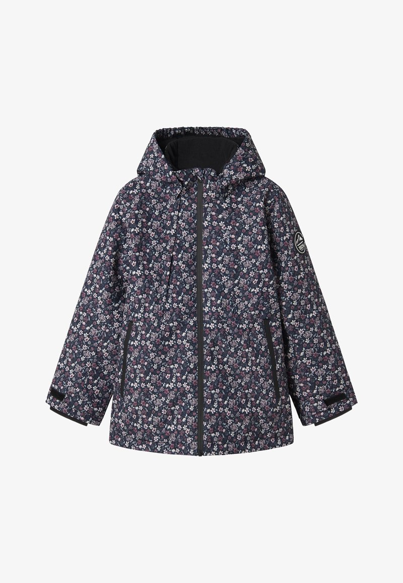 Õhuke veekindel lillemustriga jakk tumesinise taustaga, millel on roosad ja valged lilled, kapuuts, tõmblukk ja küljetaskud. Lisanditeks on logo tahvel.