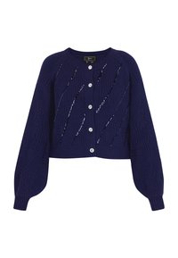 Cardigan a maglione blu navy con design cropped, caratterizzato da motivi testurizzati, bottoni argentati e decorazioni lungo la parte anteriore.