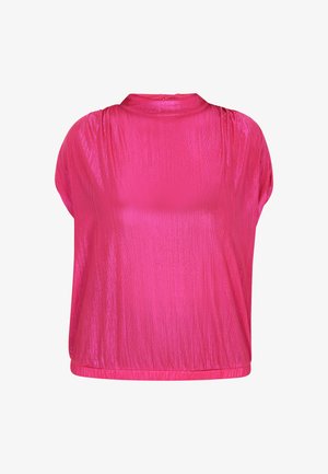 Rövidujjú, magas nyakú felső ragyogó élénk rózsaszín anyagból, laza fazonnal és finom bordázott textúrával, drapírozott vállakkal és ívelt aljjal.