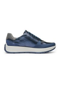 Blue leather sneaker with suede gray accents, a rounded toe, and white midsole. Features blue shoelaces and textured upper.