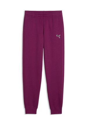 Mørk lilla træningsbukser med elastisk talje og manchetter, med en lille hvid Puma-logo på øverste venstre lår.