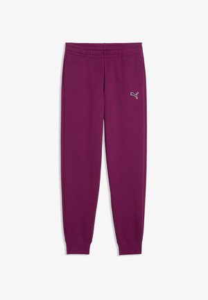 Mørk lilla træningsbukser med elastisk talje og manchetter, med en lille hvid Puma-logo på øverste venstre lår.