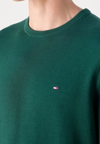 Gros plan d'une personne portant un pull vert foncé à col rond avec un petit logo rectangulaire rouge, blanc et bleu sur la poitrine, fond blanc uni.
