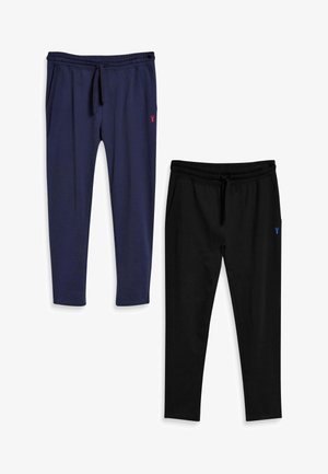 Two pairs of jogger pants: one navy blue with a red logo, and one black with a blue logo. Both feature an elastic waistband and pockets.
