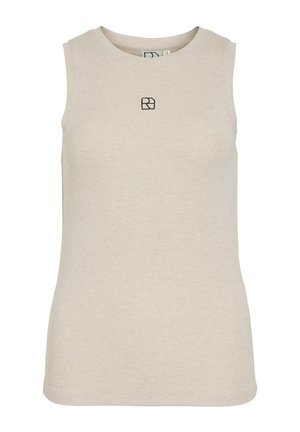 Beige ermeløs ribbestrikket tanktopp med rund hals og liten svart brodert logo midt på brystet