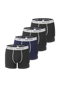 Quatre paires de boxers avec taille élastique. Les couleurs incluent le noir et le bleu marine. Comprend un logo et des coutures contrastées. Matière en coton douce.