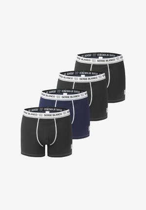 Quatre paires de boxers avec taille élastique. Les couleurs incluent le noir et le bleu marine. Comprend un logo et des coutures contrastées. Matière en coton douce.