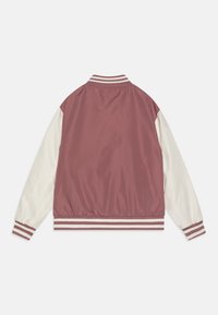 Veste bomber bordeaux et crème avec un col et des poignets côtes rayés, une taille élastique et une texture de tissu lisse. Vue arrière lisse.