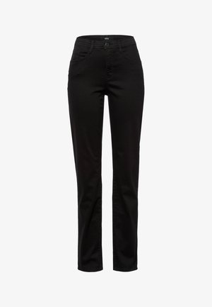 Jeans neri a gamba dritta realizzati in tessuto misto cotone. Presentano tasche anteriori e posteriori, passanti per cintura e una chiusura con bottone in vita.