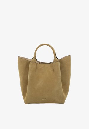 Borsa in camoscio color cuoio con forma strutturata, manici corti e dettagli di cucitura discreti. Il nome del marchio "abro" è mostrato in oro.