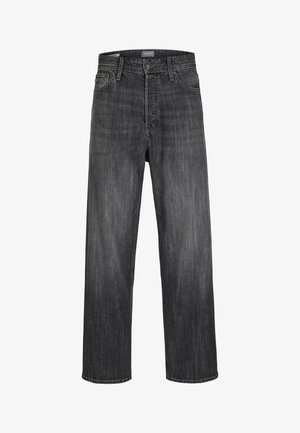 Jeans in denim grigio scuro con taglio dritto, dotati di chiusura con bottoni, design a cinque tasche e leggero scolorimento lungo la trama del tessuto.