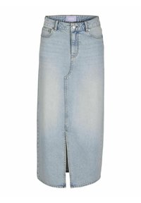 Denim midi krilo v svetlo modri barvi s sprednjim razporkom, visokim pasom, petimi žepi in zadrgo ter gumbom za zapiranje.