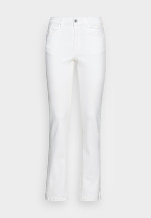 Valged denim teksad sirge lõikega, viie taskuga stiil ja nööpidega esikinnitus. Omab nähtavat nõelamist ning klassikalist lõiget.