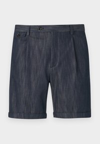 Sötétkék, texturált anyagból készült nadrágshorts, hajtott szegéllyel, elülső redőzéssel és egyetlen gombbal ellátott derékrésszel.