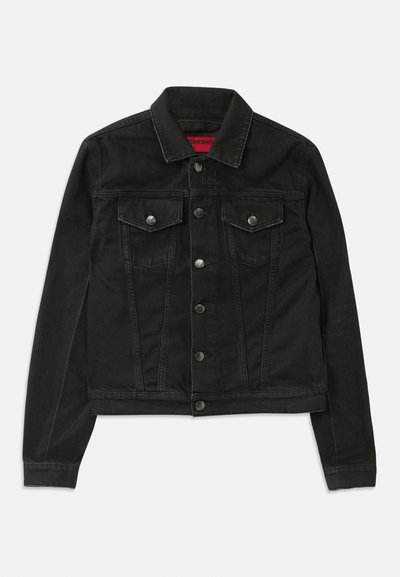 Black denim jacket with button closure, two chest flap pockets, collar, and long sleeves, laid flat on white background.