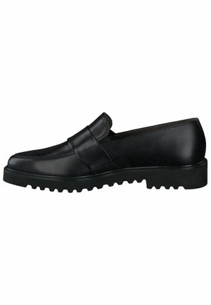 Black leather slip-on shoe with a textured strap, rounded toe, and a rugged outsole featuring deep treads for traction.