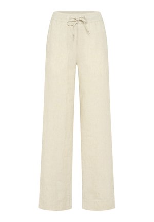 Beige Leinenhose mit weitem Bein, elastischem Bund und vorderem Kordelzug.