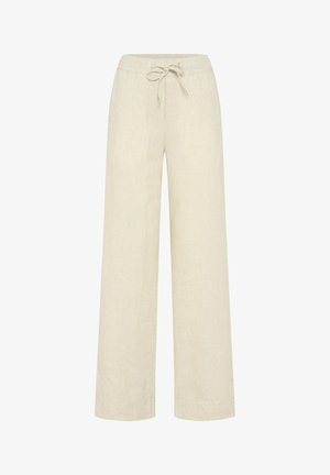 Beige Leinenhose mit weitem Bein, elastischem Bund und vorderem Kordelzug.