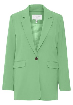 Grüner Blazer aus glattem, strukturiertem Stoff, mit Reverskragen, einer braunen Knopfverschluss und zwei vorderen Taschen.