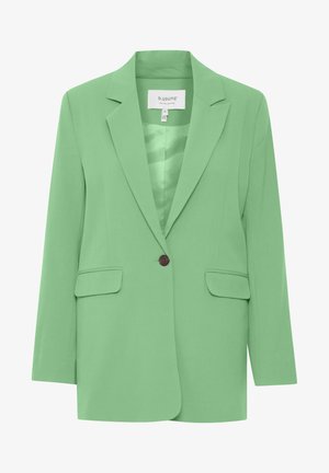 Grüner Blazer aus glattem, strukturiertem Stoff, mit Reverskragen, einer braunen Knopfverschluss und zwei vorderen Taschen.