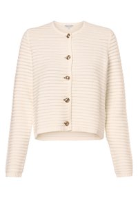 Ivory cardigan with ribbed texture, long sleeves, round neckline, and six gold-tone buttons down the front. Cropped design.